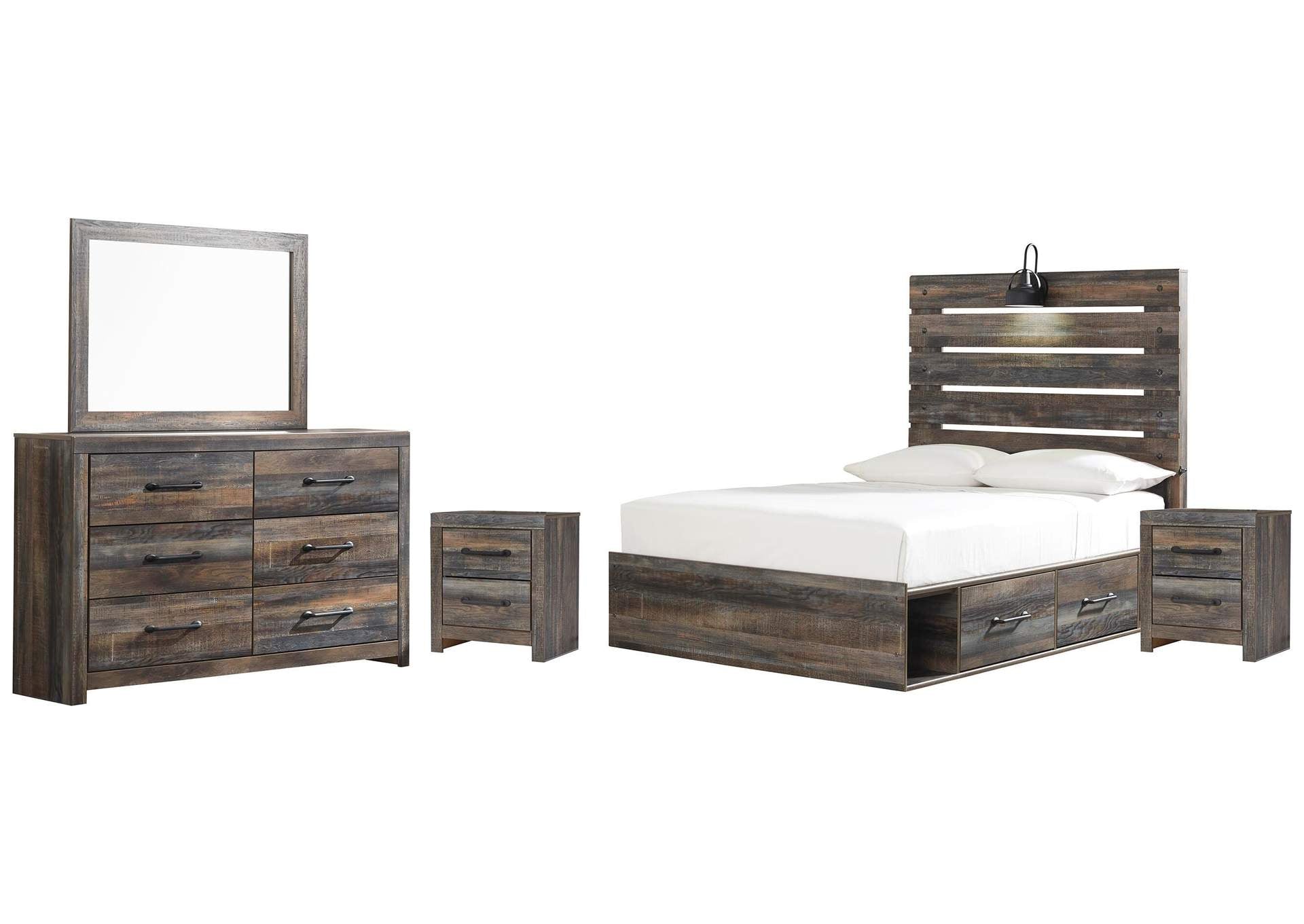 Drystan Full Panel Bed with 4 Storage Drawers, Dresser, Mirror and 2 Nightstands