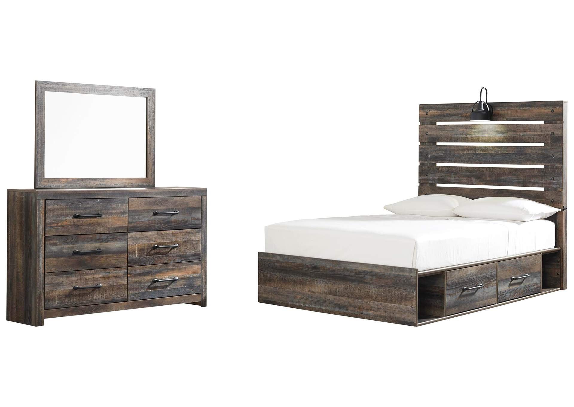 Drystan Full Panel Bed with 4 Storage Drawers with Mirrored Dresser
