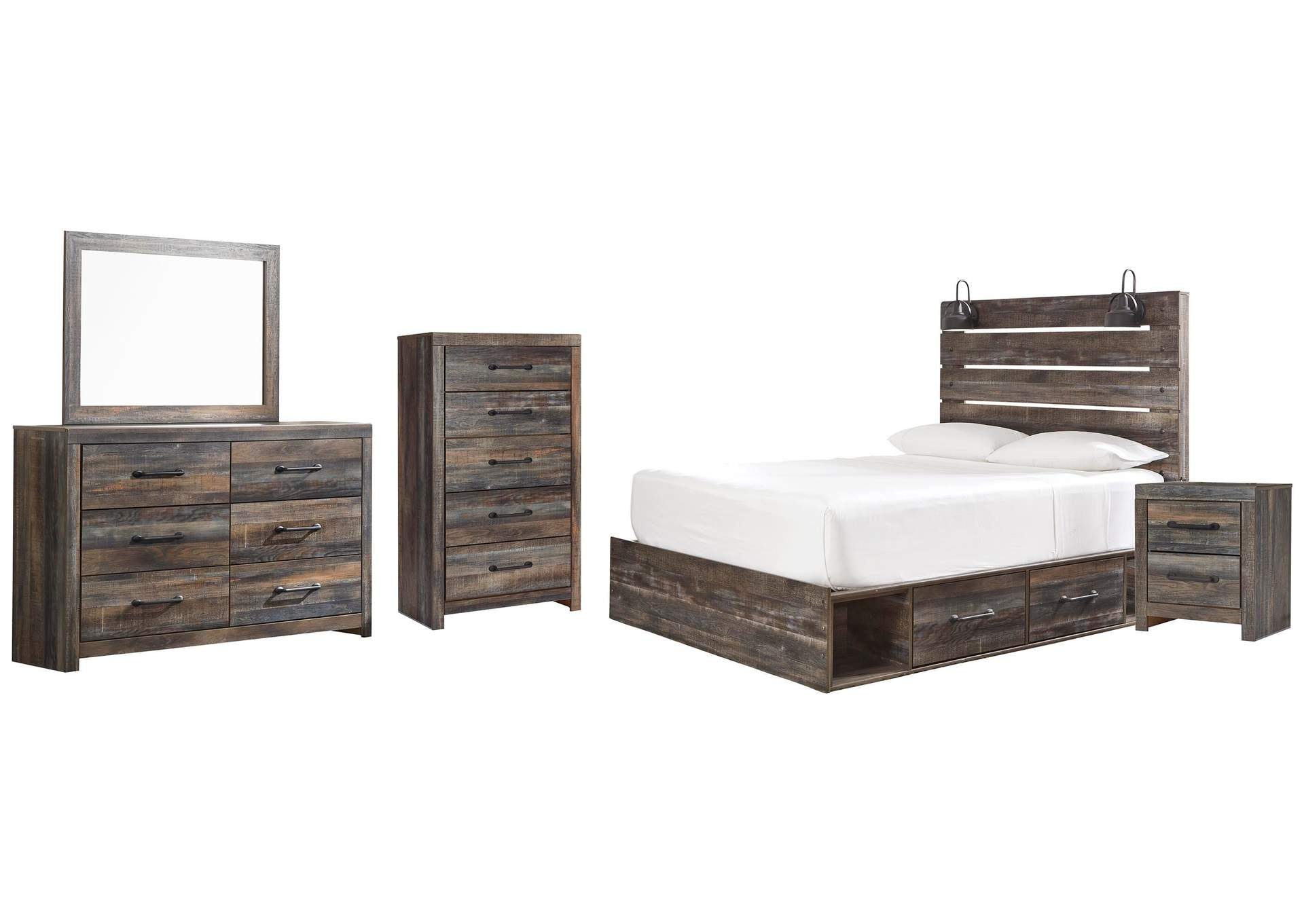 Drystan Queen Panel Bed with 4 Storage Drawers with Mirrored Dresser, Chest and Nightstand
