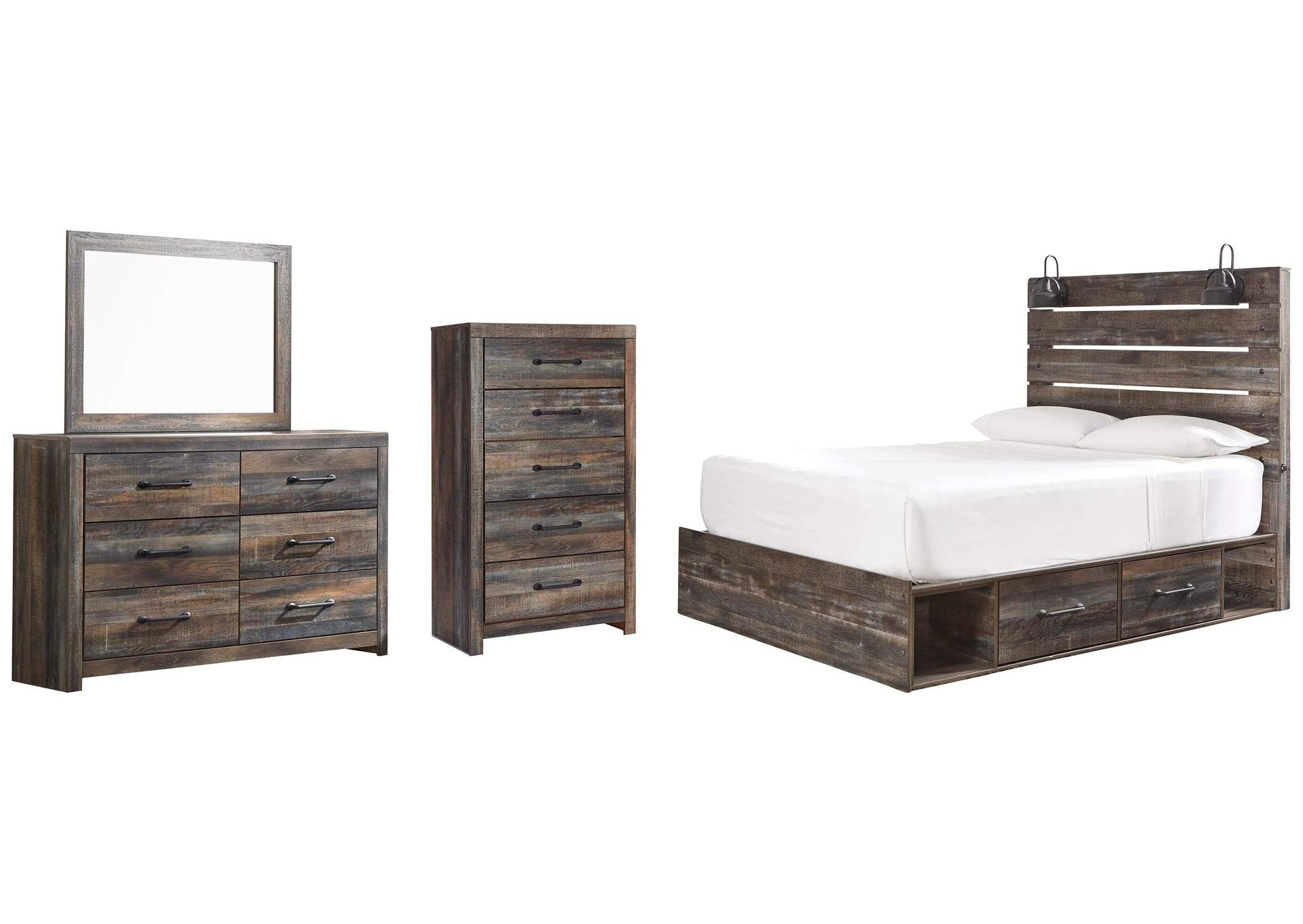 Drystan Queen Panel Bed with 4 Storage Drawers with Mirrored Dresser and Chest