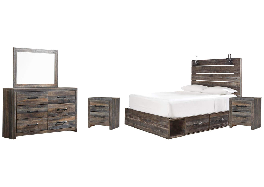 Drystan Queen Panel Bed with 4 Storage Drawers, Dresser, Mirror and 2 Nightstands