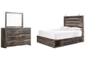 Drystan Queen Panel Bed with 4 Storage Drawers with Mirrored Dresser