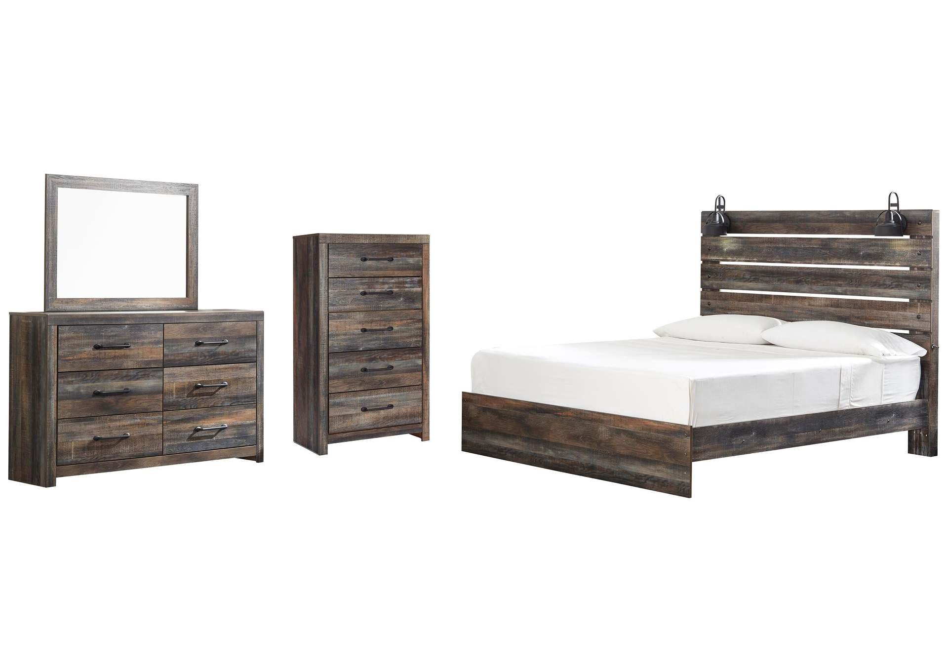 Drystan King Panel Bed with Mirrored Dresser and Chest