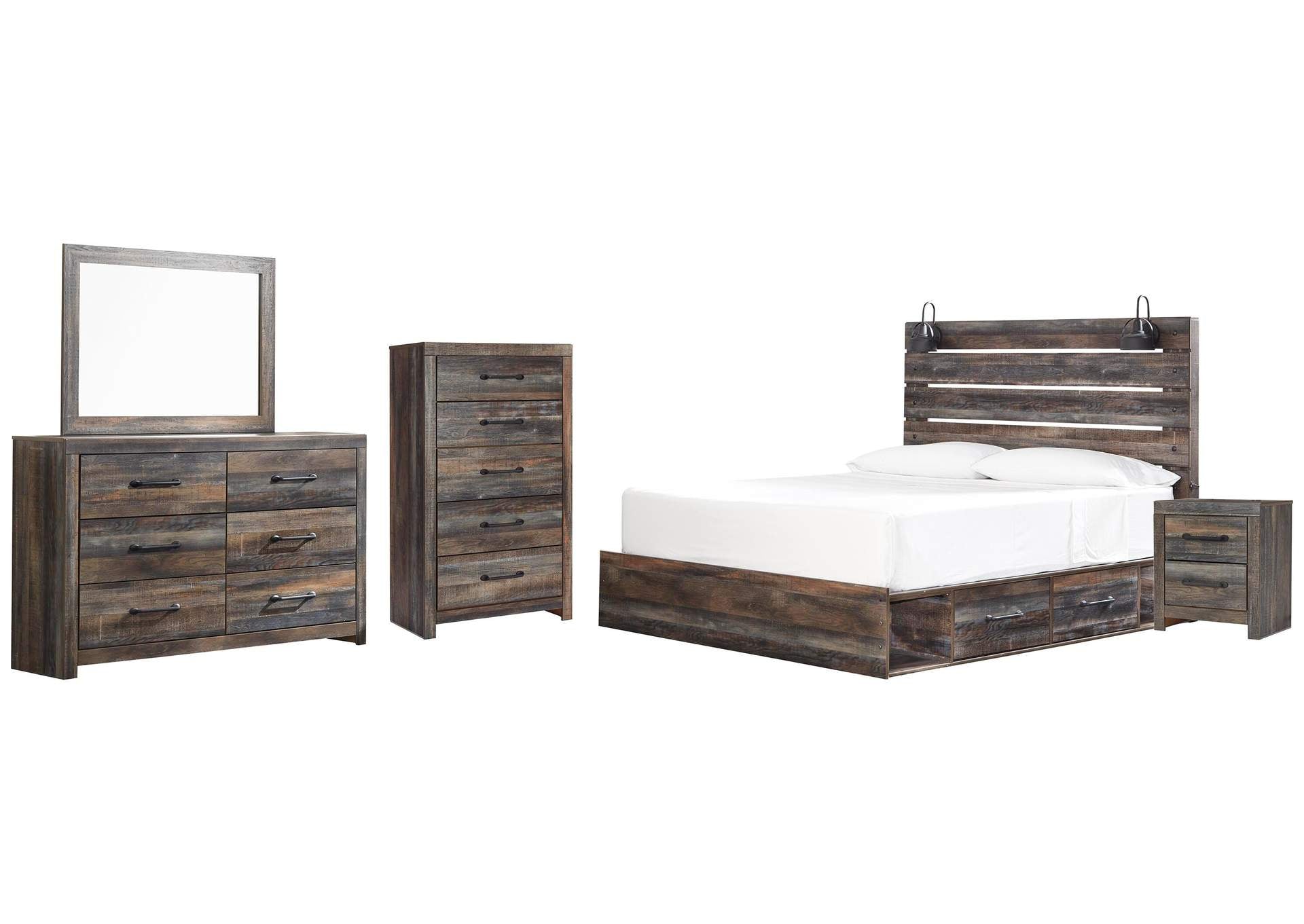 Drystan King Panel Bed with 2 Storage Drawers with Mirrored Dresser, Chest and Nightstand