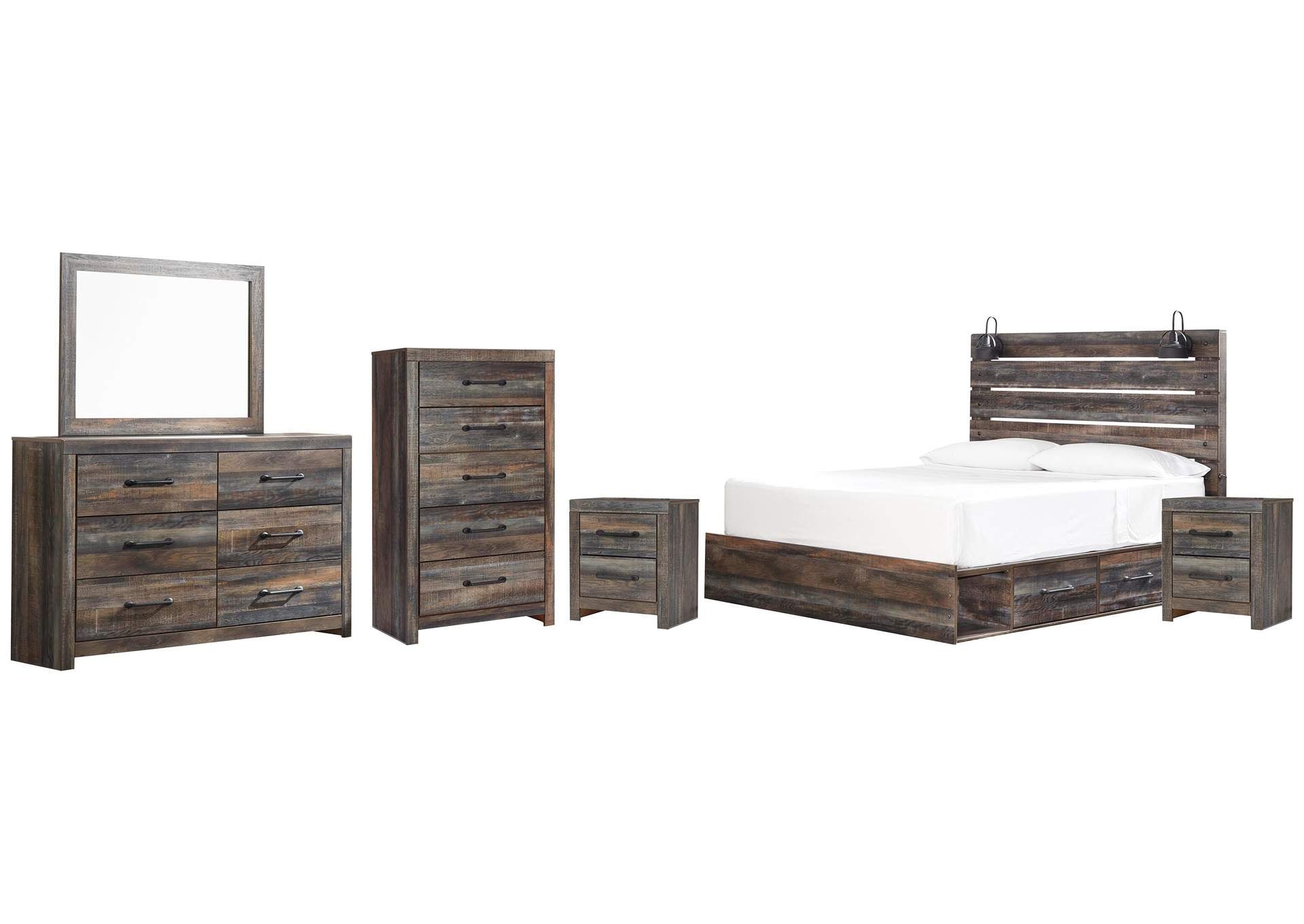 Drystan King Panel Bed with 2 Storage Drawers, Dresser, Mirror, Chest and 2 Nightstands