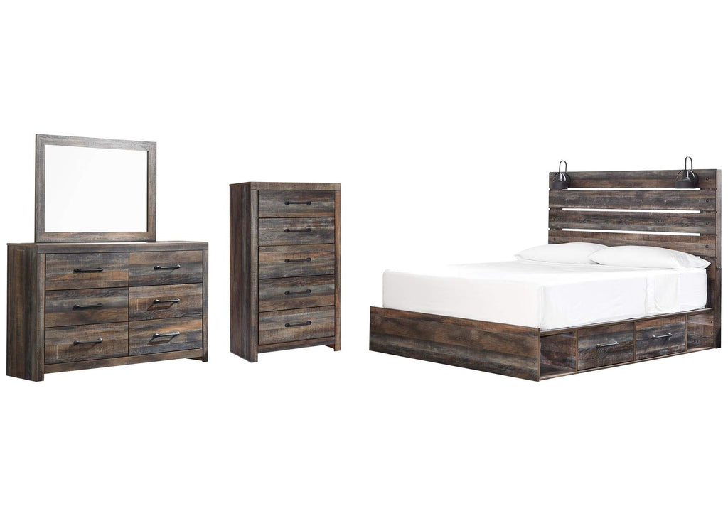 Drystan King Panel Bed with 2 Storage Drawers with Mirrored Dresser and Chest