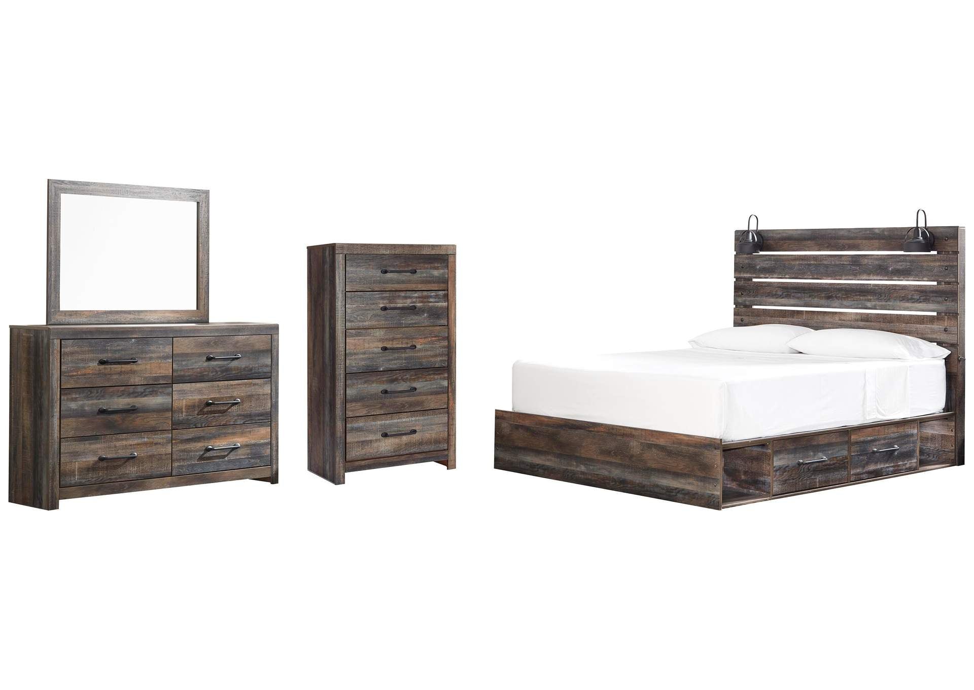 Drystan King Panel Bed with 2 Storage Drawers with Mirrored Dresser and Chest