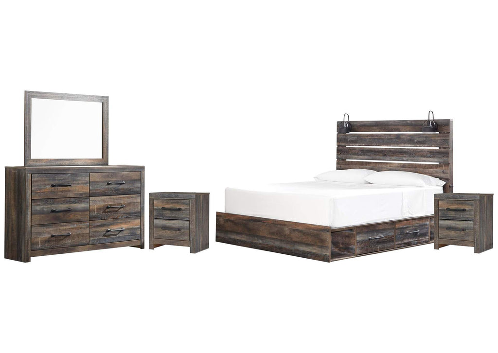 Drystan King Panel Bed with 2 Storage Drawers, Dresser, Mirror and 2 Nightstands