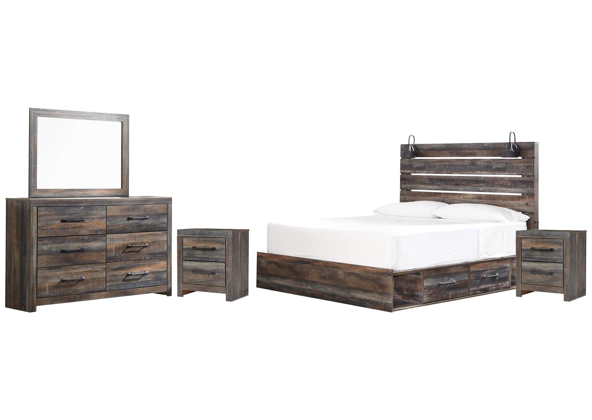 Drystan King Panel Bed with 2 Storage Drawers, Dresser, Mirror and 2 Nightstands