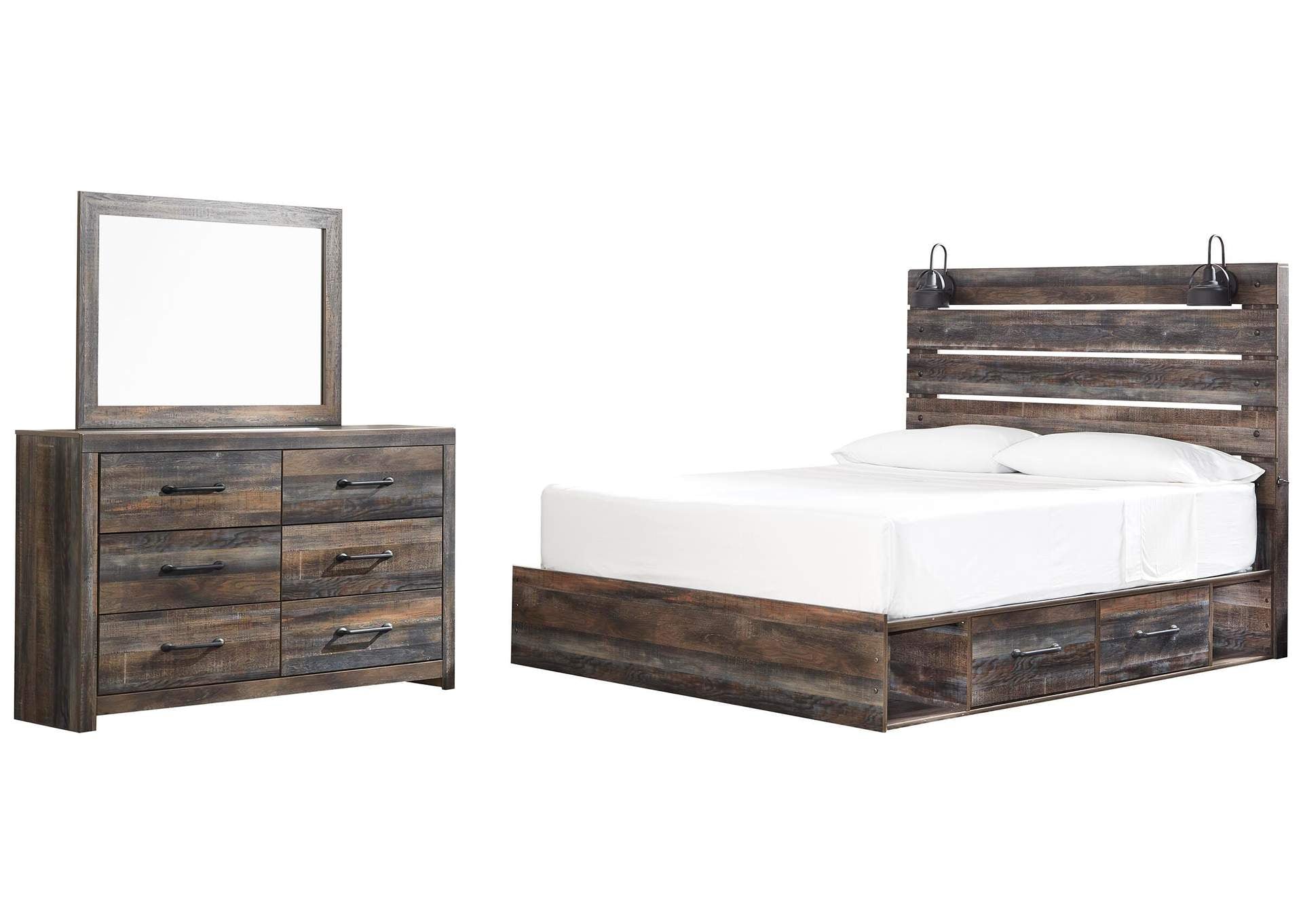 Drystan King Panel Bed with 2 Storage Drawers with Mirrored Dresser