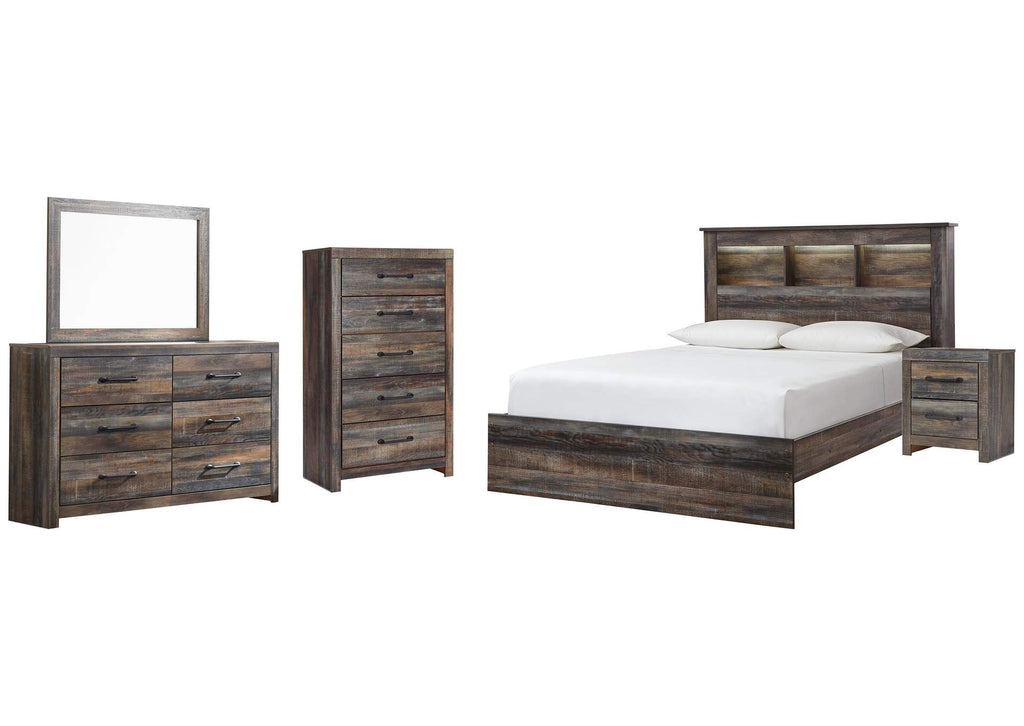 Drystan Queen Bookcase Bed with Mirrored Dresser, Chest and Nightstand