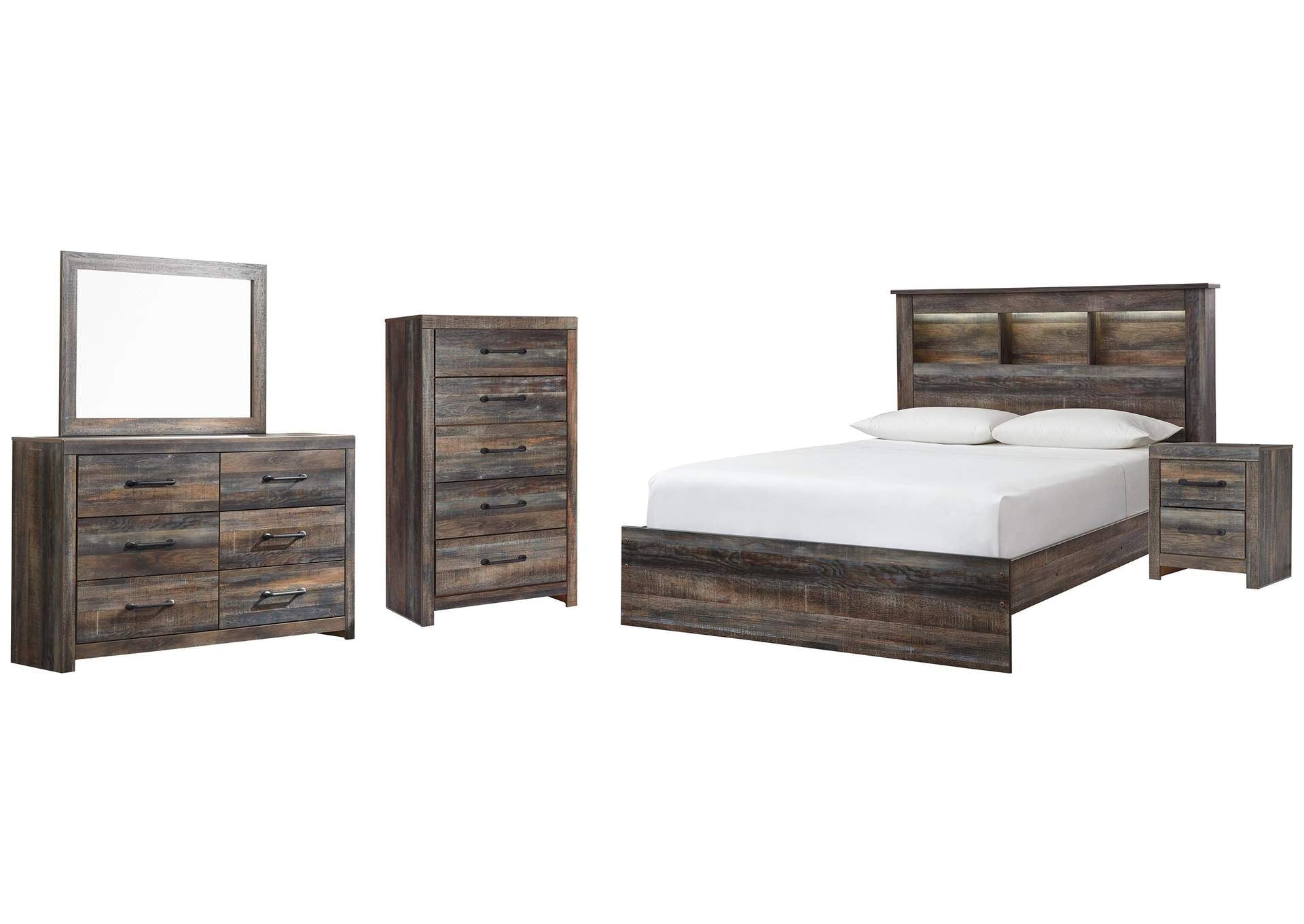 Drystan Queen Bookcase Bed with Mirrored Dresser, Chest and Nightstand