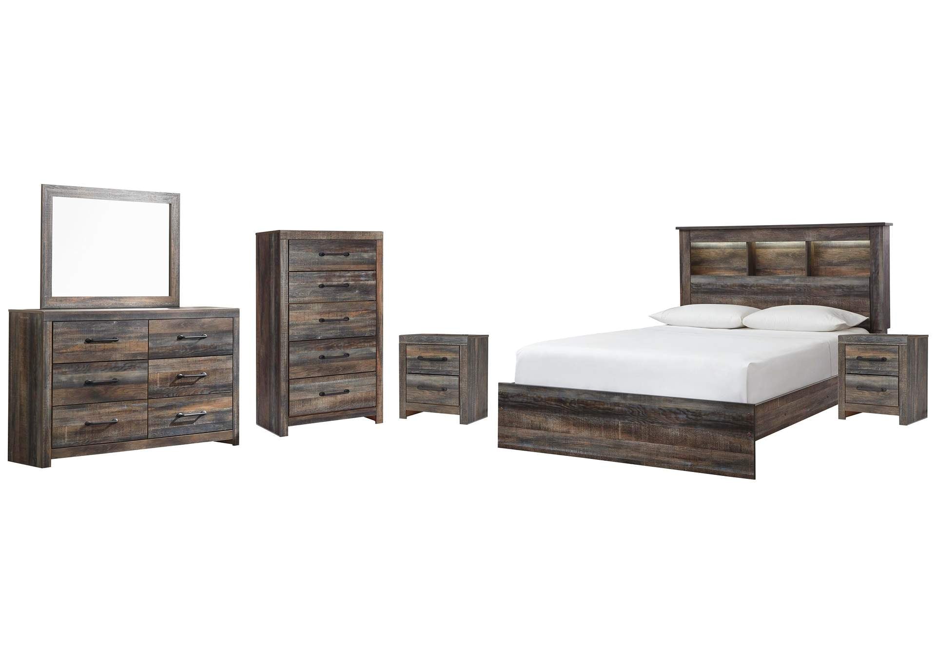 Drystan Queen Bookcase Bed, Dresser, Mirror, Chest and 2 Nightstands