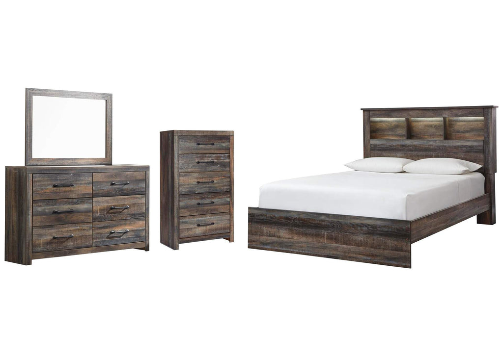 Drystan Queen Bookcase Bed with Mirrored Dresser and Chest
