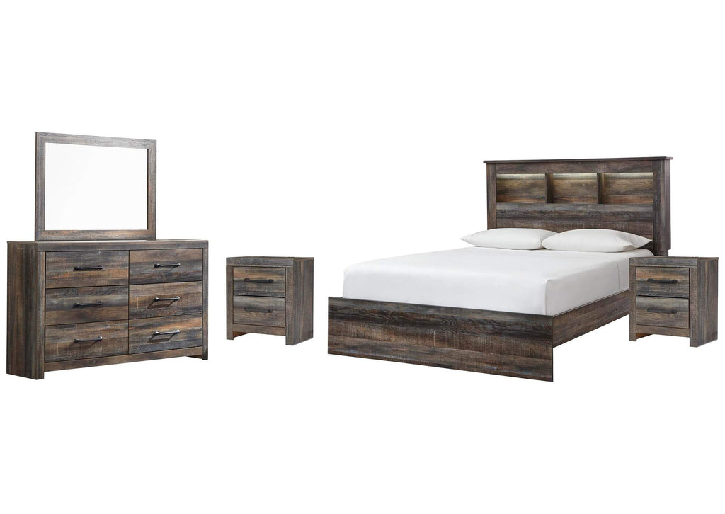 Drystan Queen Bookcase Bed, Dresser, Mirror and 2 Nightstands