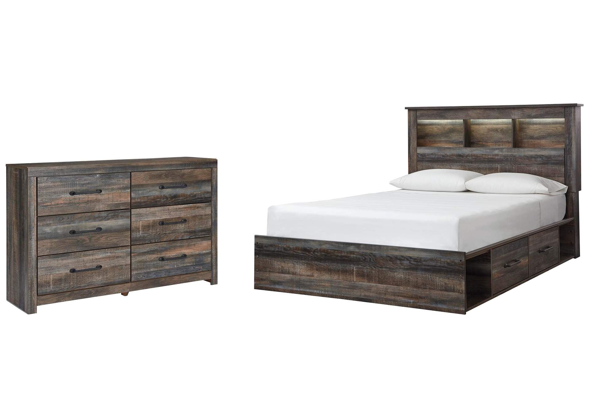 Drystan Queen Bookcase Bed with 2 Storage Drawers and Dresser