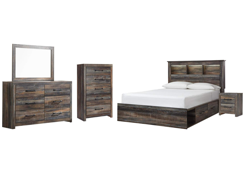 Drystan Queen Bookcase Bed with 2 Storage Drawers with Mirrored Dresser, Chest and Nightstand