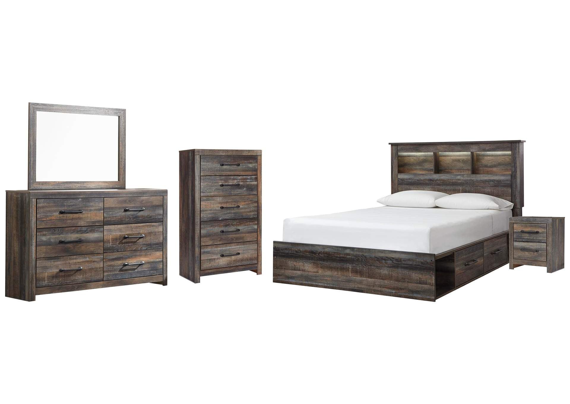 Drystan Queen Bookcase Bed with 2 Storage Drawers with Mirrored Dresser, Chest and Nightstand