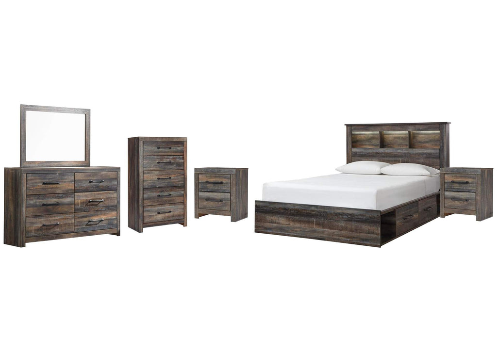 Drystan Queen Bookcase Bed with 2 Storage Drawers, Dresser, Mirror, Chest and 2 Nightstands