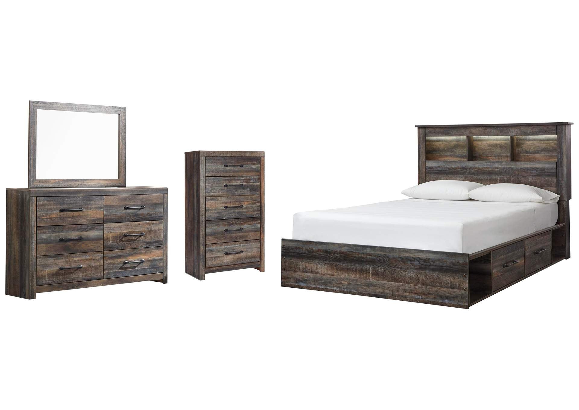 Drystan Queen Bookcase Bed with 2 Storage Drawers with Mirrored Dresser and Chest