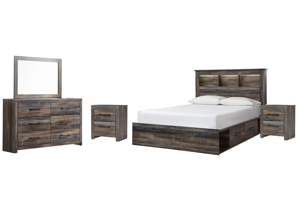 Drystan Queen Bookcase Bed with 2 Storage Drawers, Dresser, Mirror and 2 Nightstands