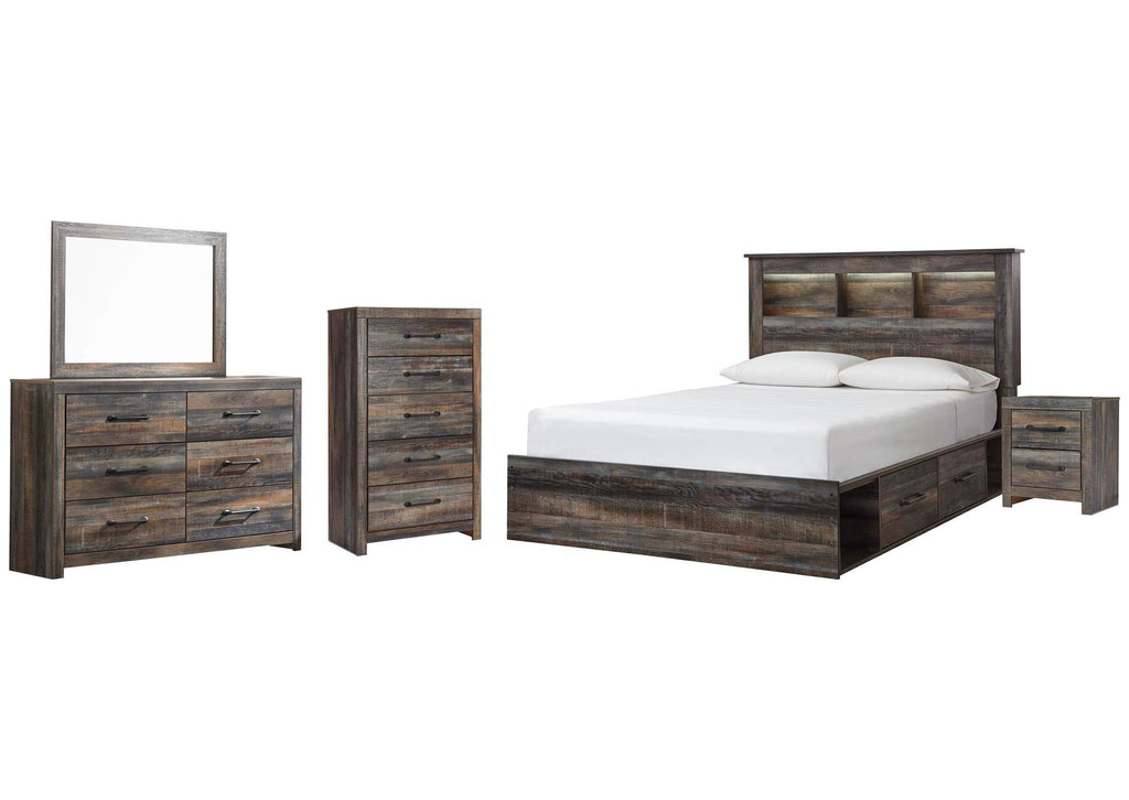 Drystan Queen Bookcase Bed with 4 Storage Drawers with Mirrored Dresser, Chest and Nightstand
