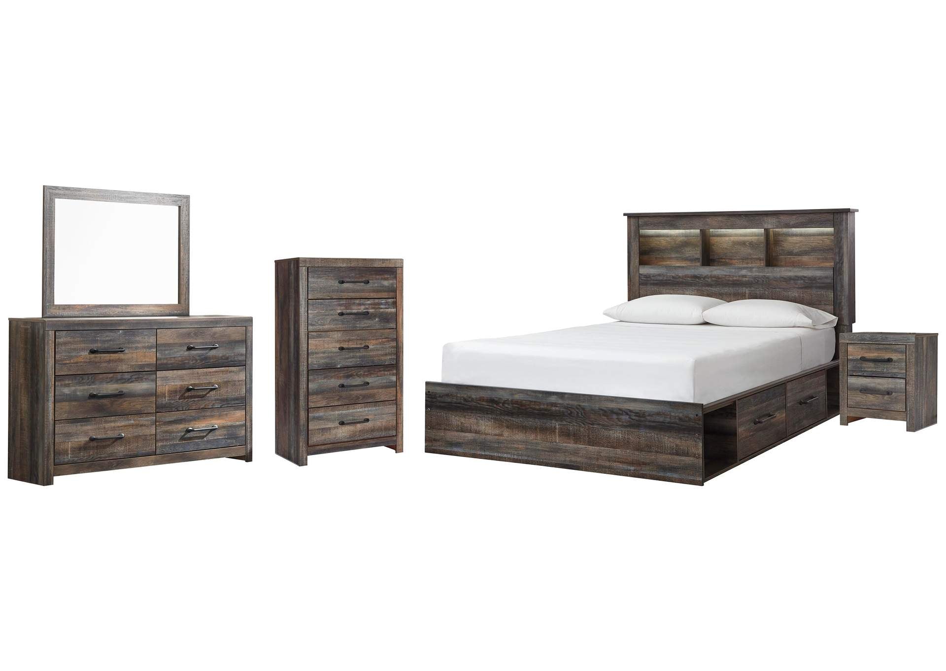 Drystan Queen Bookcase Bed with 4 Storage Drawers with Mirrored Dresser, Chest and Nightstand