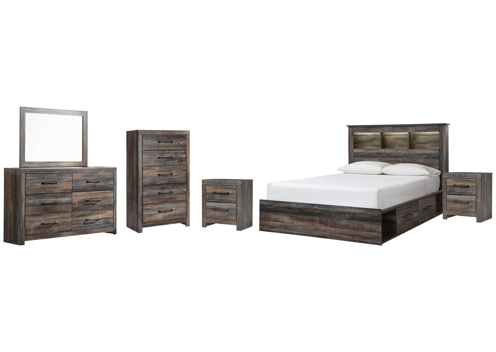 Drystan Queen Bookcase Bed with 4 Storage Drawers, Dresser, Mirror, Chest and 2 Nightstands
