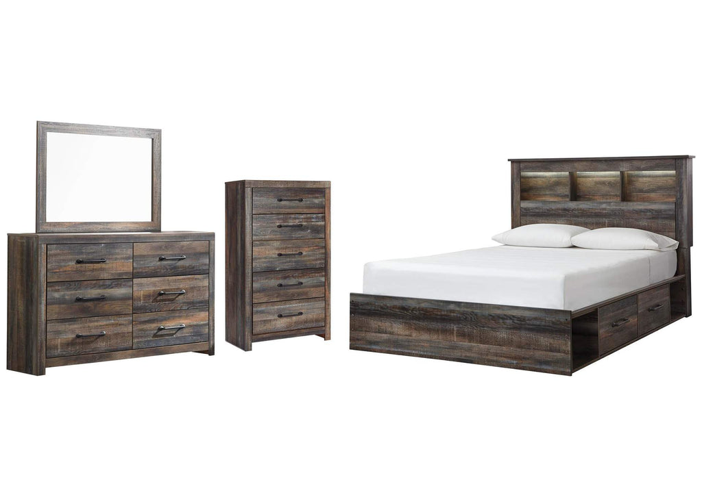 Drystan Queen Bookcase Bed with 4 Storage Drawers with Mirrored Dresser and Chest