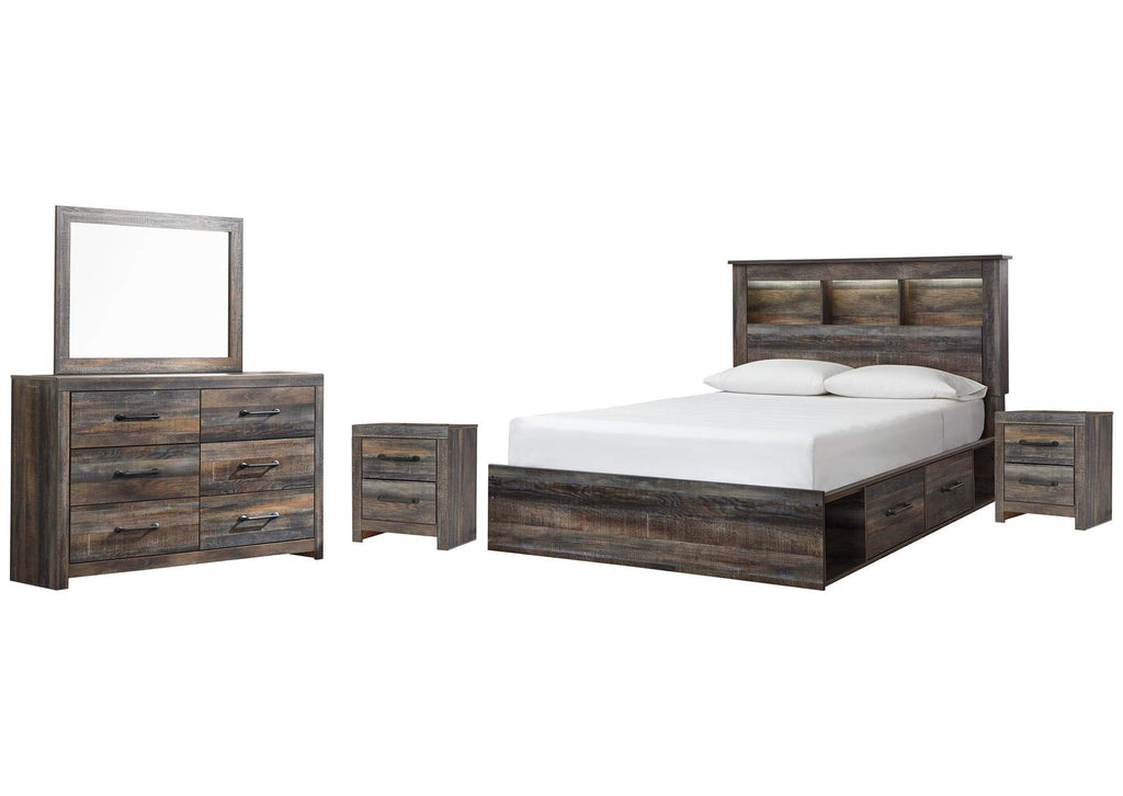 Drystan Queen Bookcase Bed with 4 Storage Drawers, Dresser, Mirror and 2 Nightstands