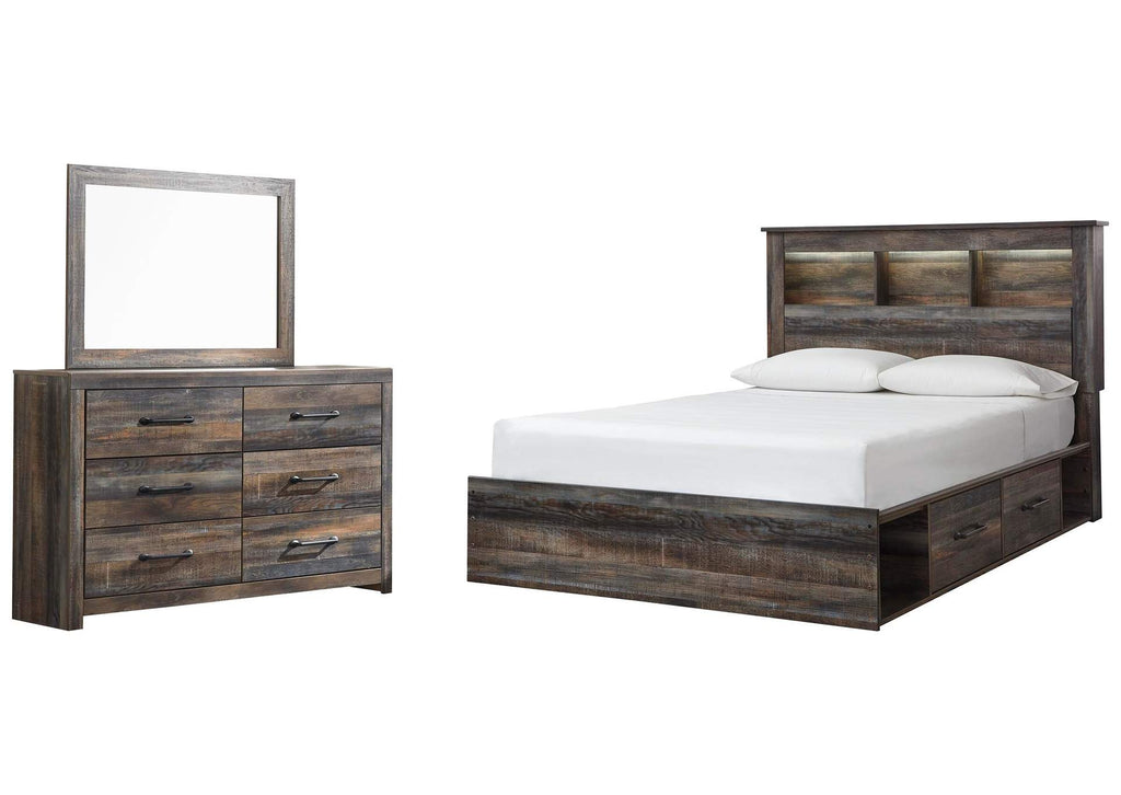 Drystan Queen Bookcase Bed with 4 Storage Drawers with Mirrored Dresser