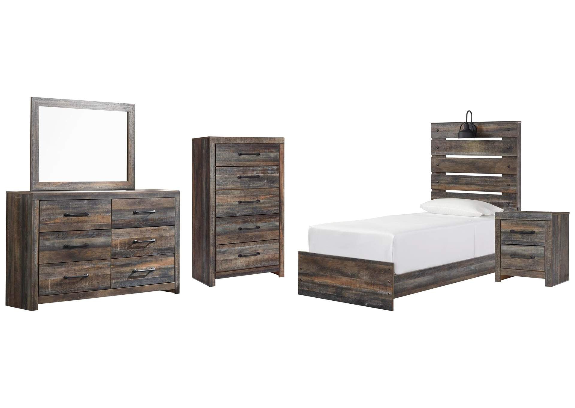 Drystan Twin Panel Bed with Mirrored Dresser, Chest and Nightstand