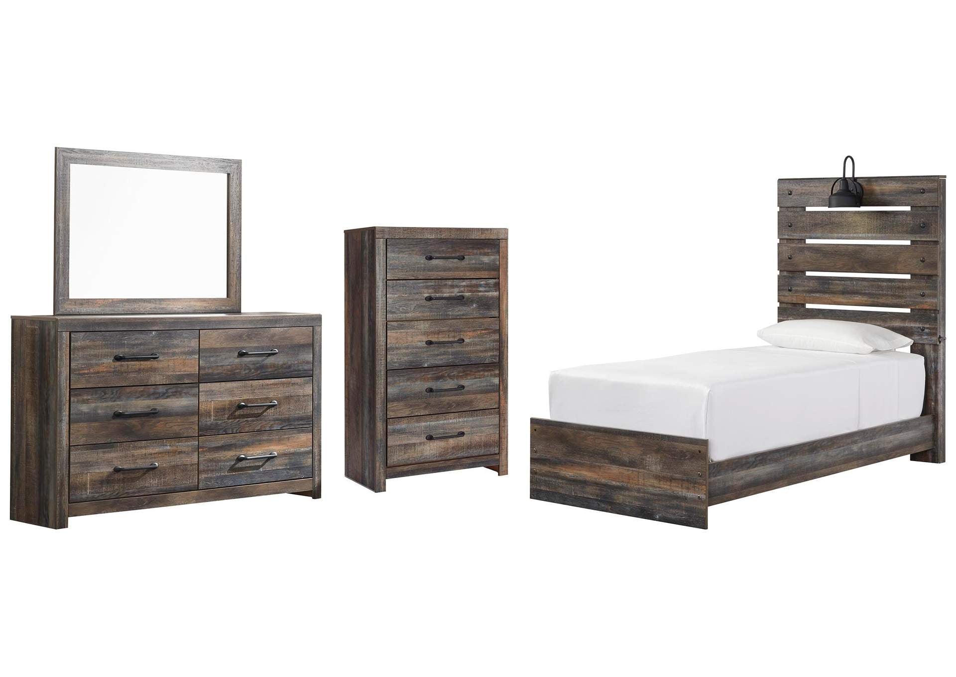 Drystan Twin Panel Bed with Mirrored Dresser and Chest