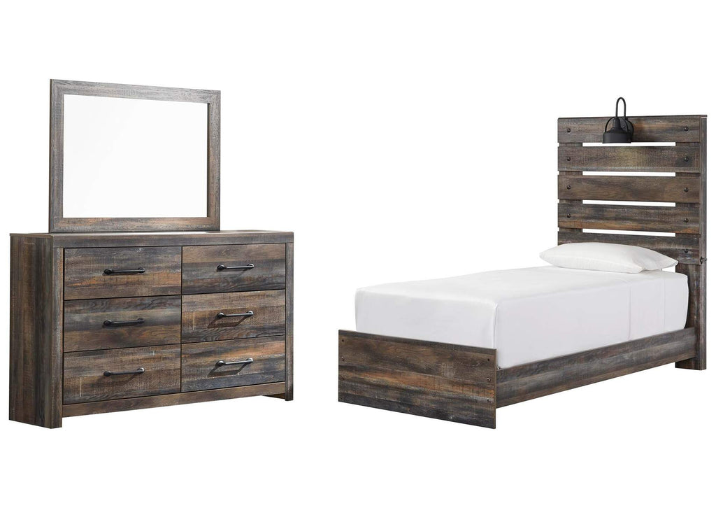 Drystan Twin Panel Bed with Mirrored Dresser