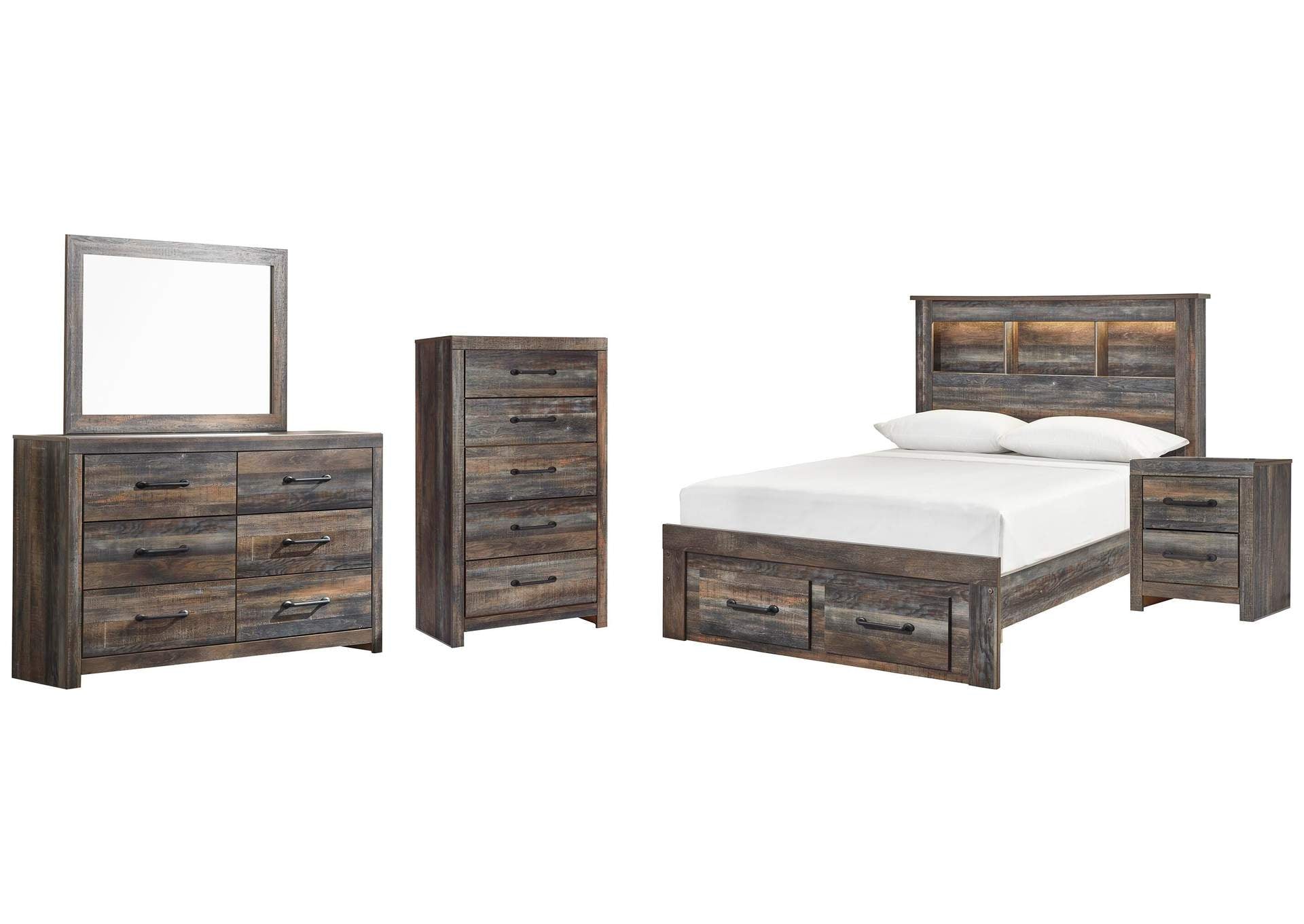 Drystan Full Bookcase Bed with 2 Storage Drawers with Mirrored Dresser, Chest and Nightstand