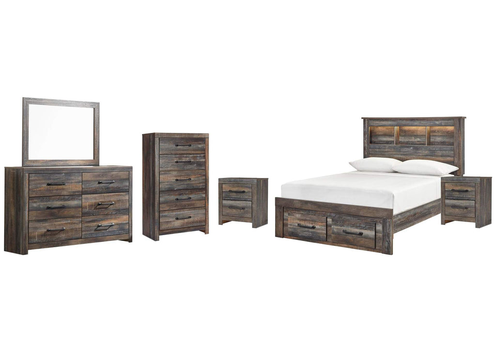 Drystan Full Bookcase Bed with 2 Storage Drawers, Dresser, Mirror, Chest and 2 Nightstands