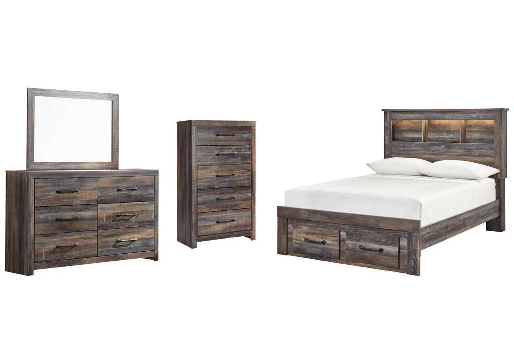 Drystan Full Bookcase Bed with 2 Storage Drawers with Mirrored Dresser and Chest