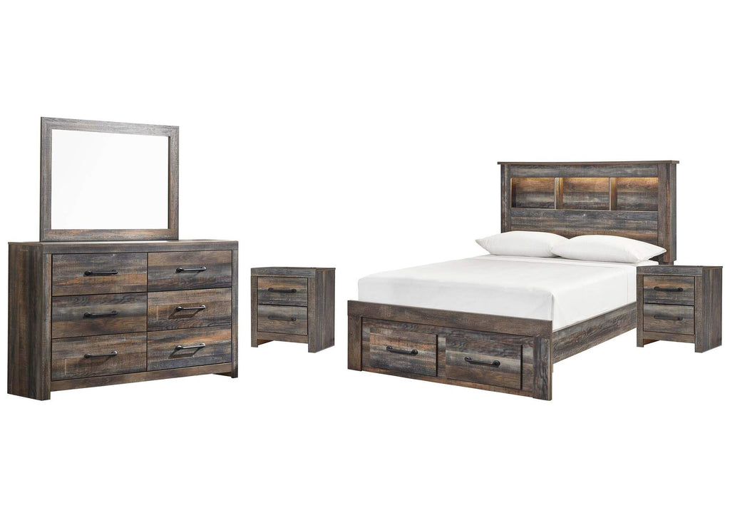Drystan Full Bookcase Bed with 2 Storage Drawers, Dresser, Mirror and 2 Nightstands