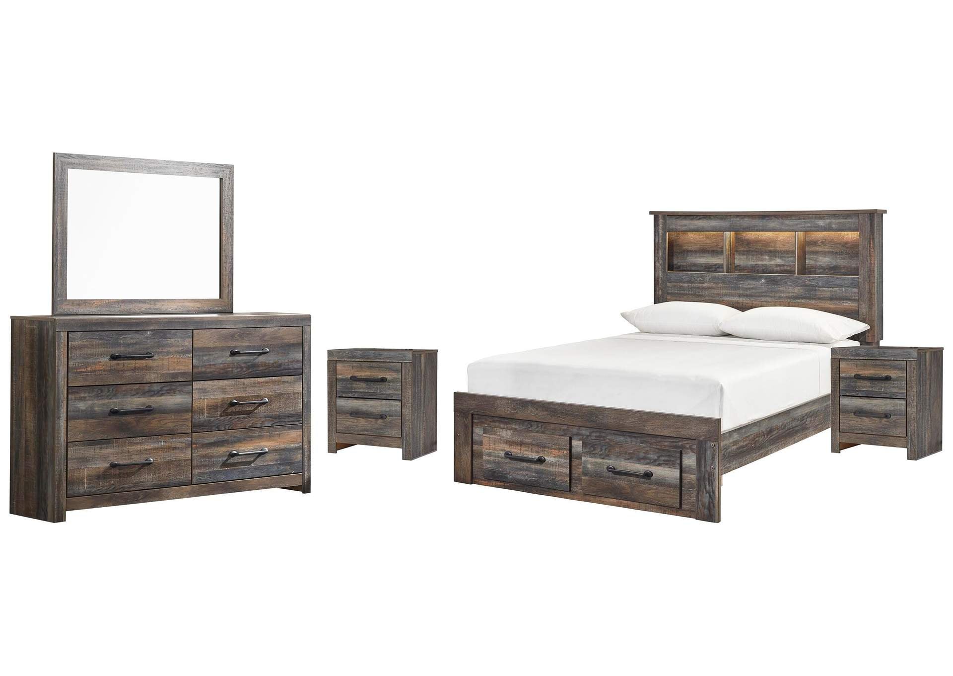 Drystan Full Bookcase Bed with 2 Storage Drawers, Dresser, Mirror and 2 Nightstands