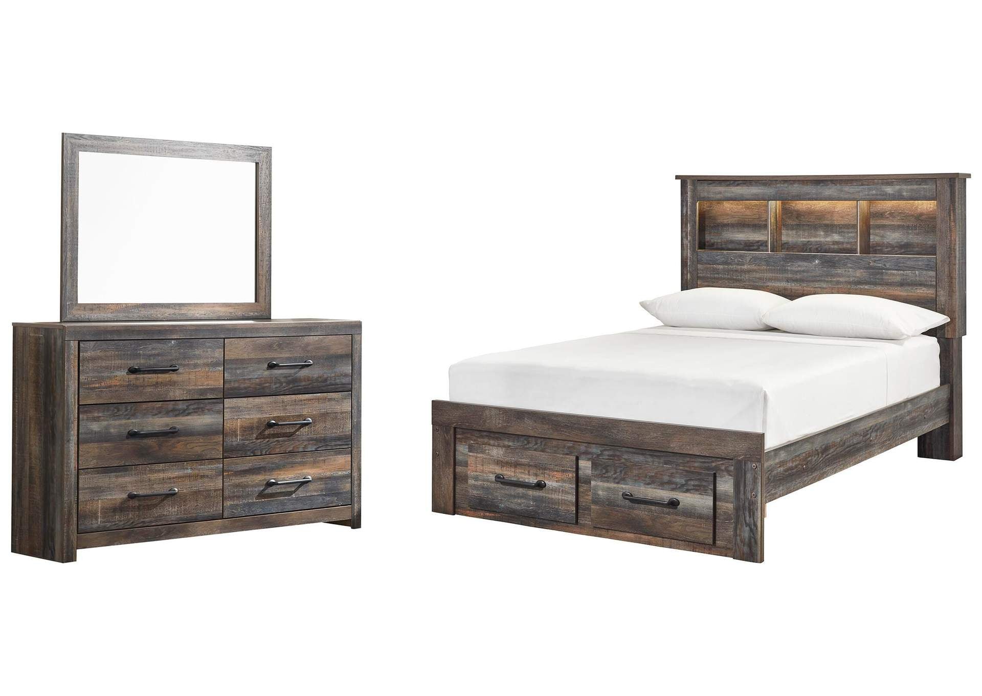 Drystan Full Bookcase Bed with 2 Storage Drawers with Mirrored Dresser