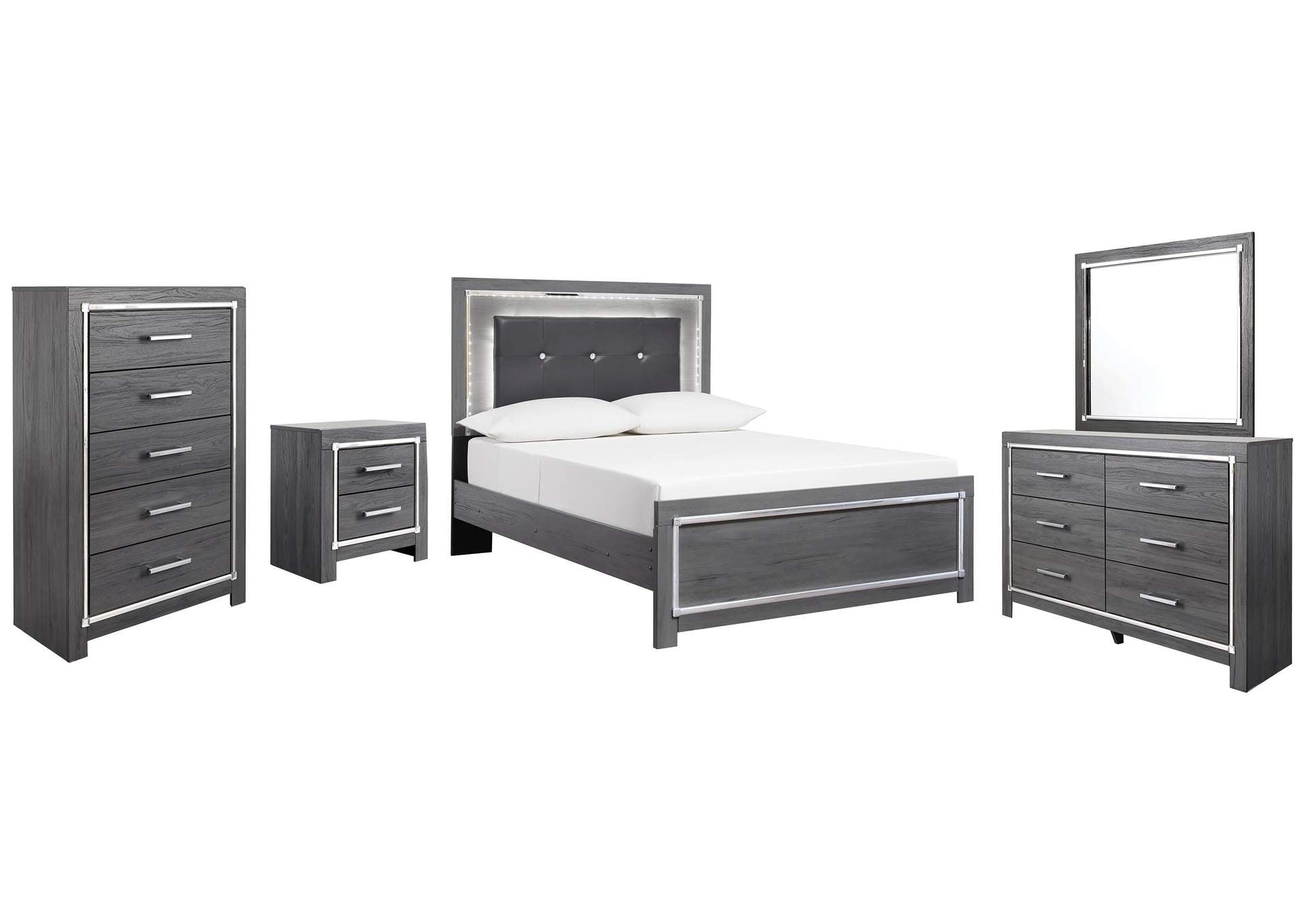 Lodanna Full Panel Bed with Mirrored Dresser, Chest and Nightstand