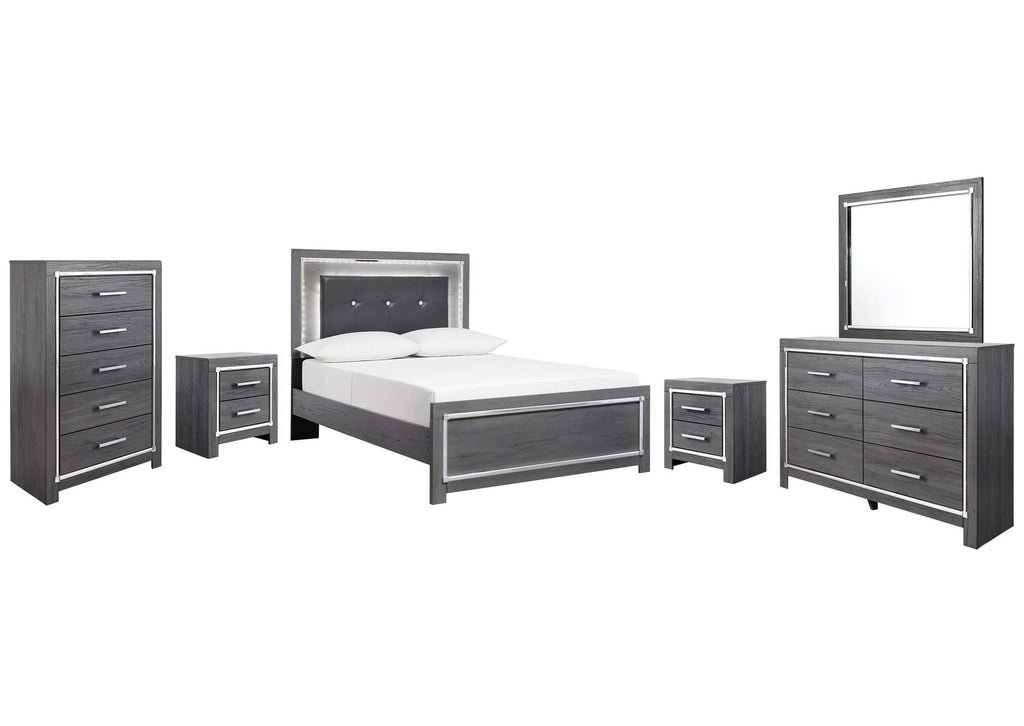 Lodanna Full Panel Bed with Mirrored Dresser, Chest and 2 Nightstands