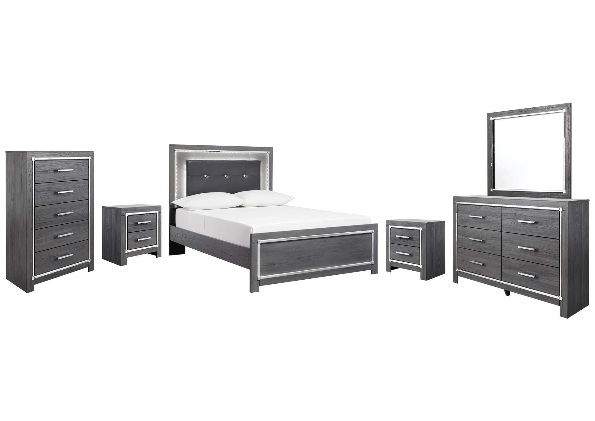 Lodanna Full Panel Bed with Mirrored Dresser, Chest and 2 Nightstands