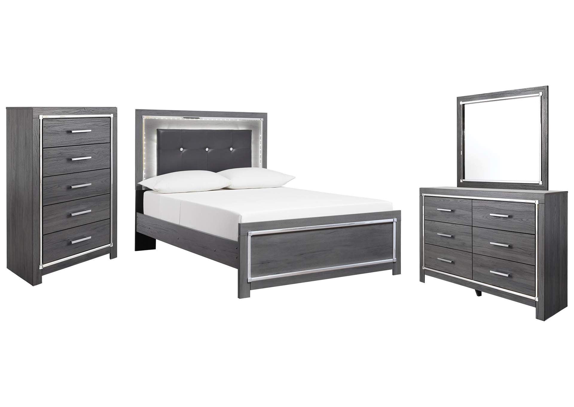 Lodanna Full Panel Bed with Mirrored Dresser and Chest