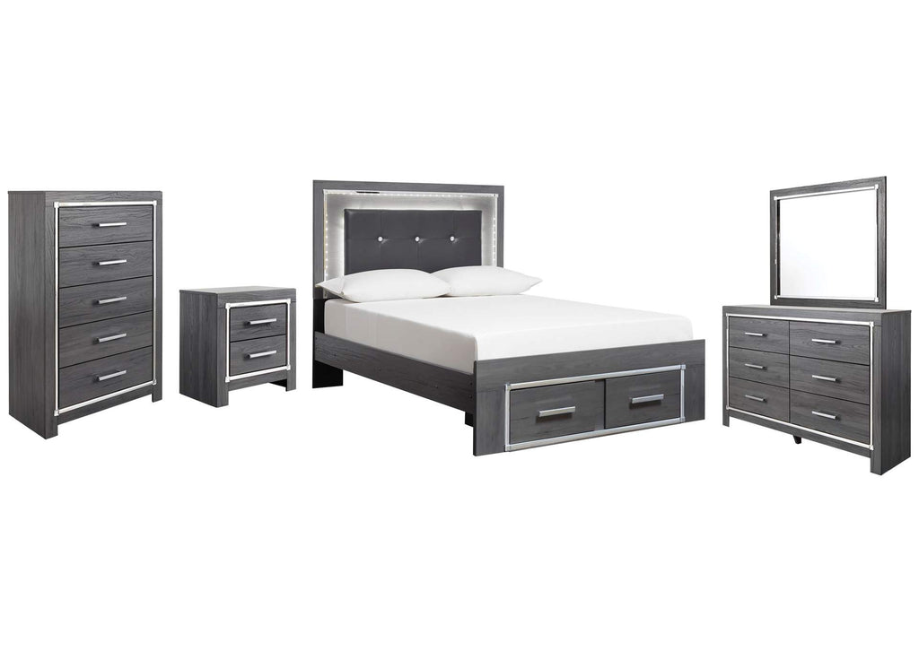 Lodanna Full Panel Bed with 2 Storage Drawers with Mirrored Dresser, Chest and Nightstand