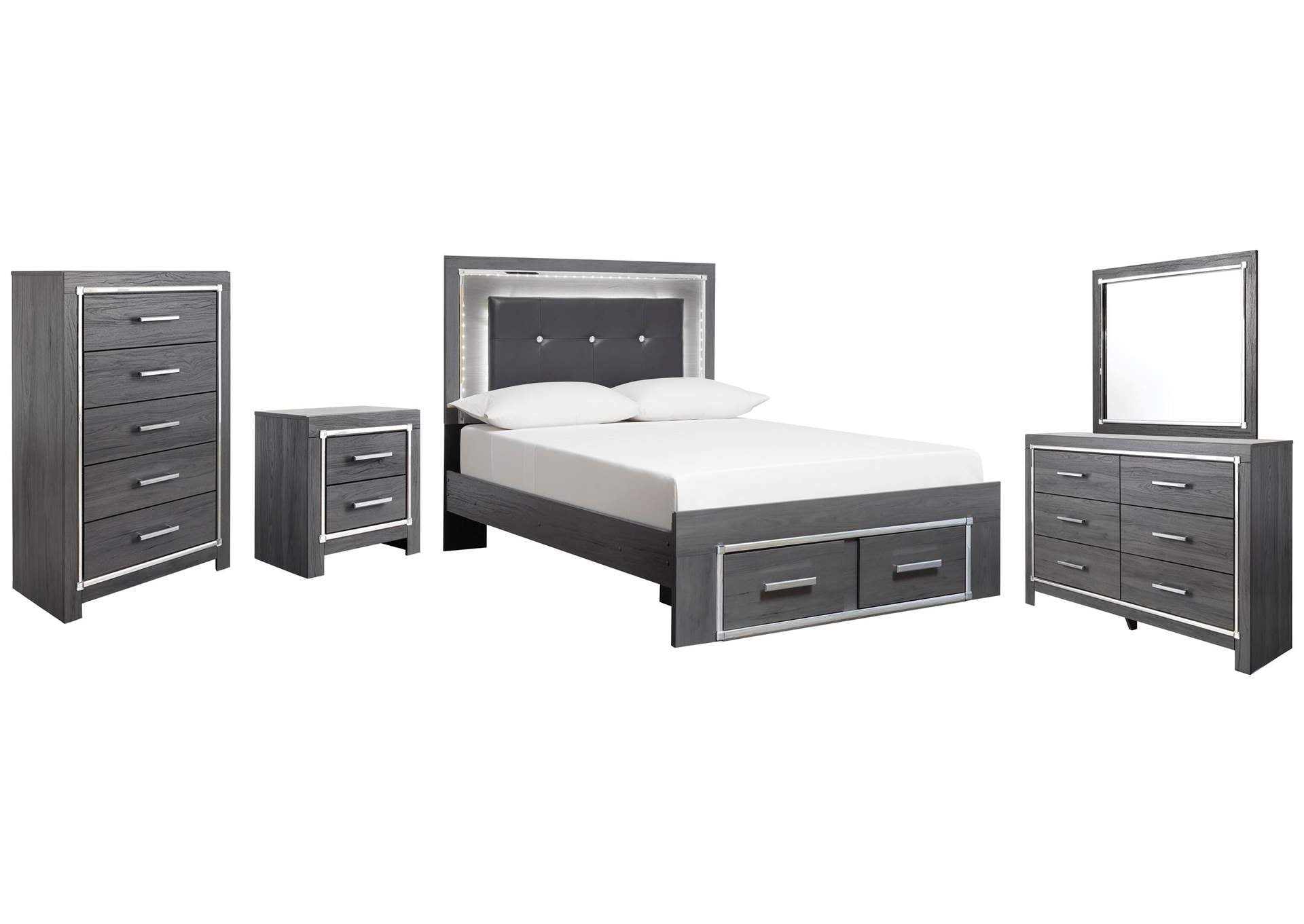 Lodanna Full Panel Bed with 2 Storage Drawers with Mirrored Dresser, Chest and Nightstand