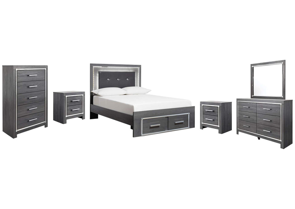 Lodanna Full Panel Bed with 2 Storage Drawers with Mirrored Dresser, Chest and 2 Nightstands