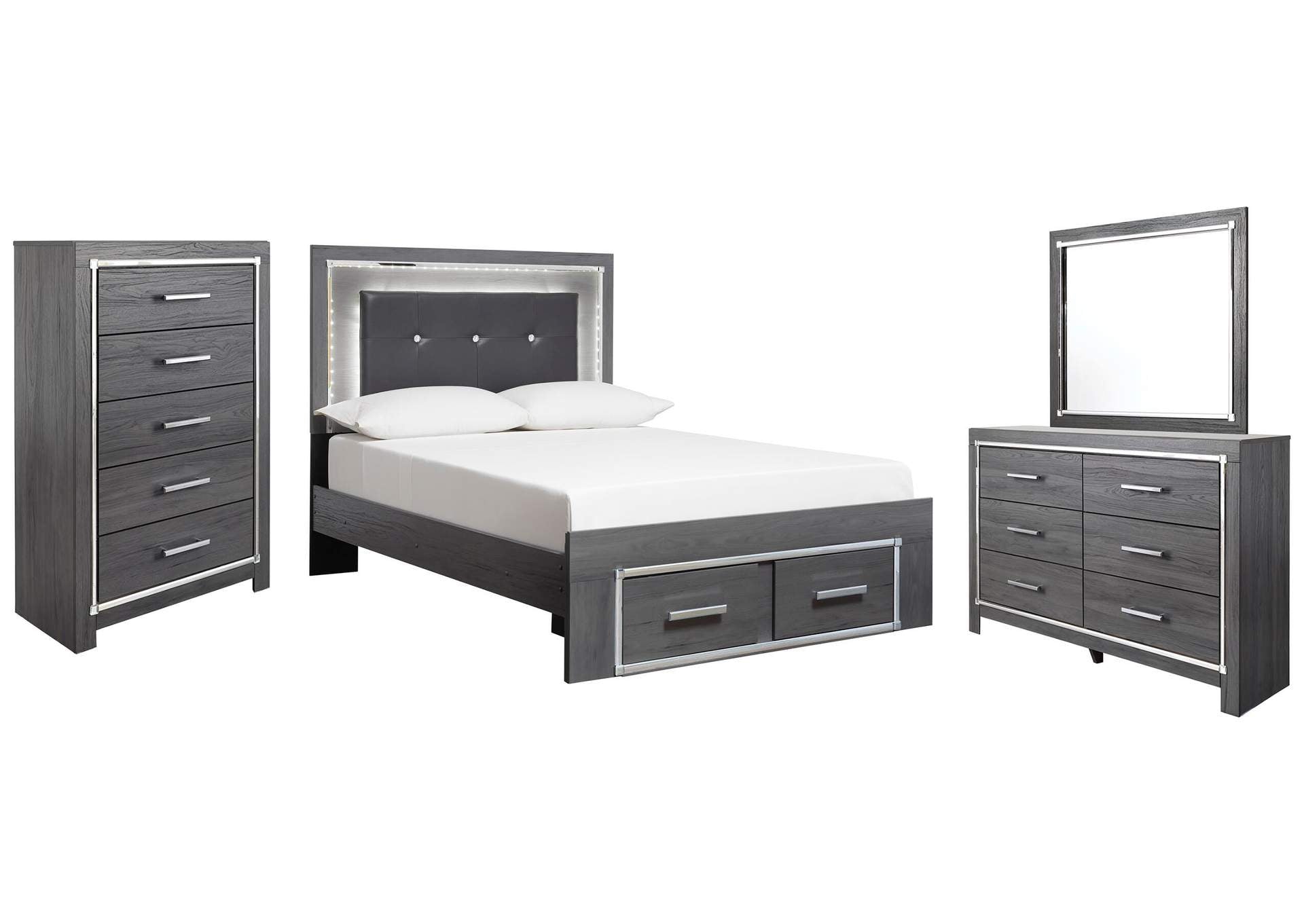 Lodanna Full Panel Bed with 2 Storage Drawers with Mirrored Dresser and Chest