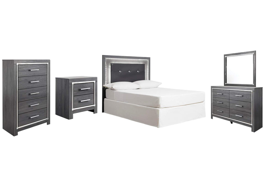 Lodanna Full Upholstered Panel Headboard with Mirrored Dresser, Chest and Nightstand