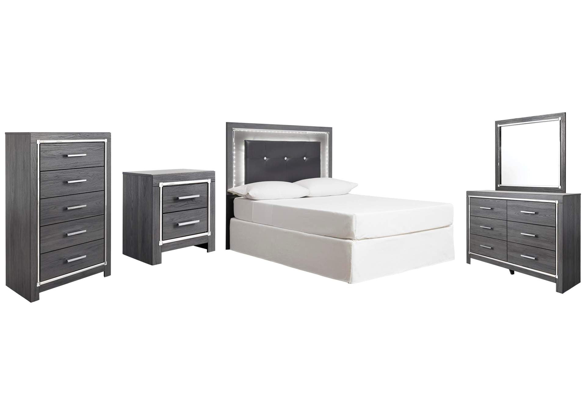 Lodanna Full Upholstered Panel Headboard with Mirrored Dresser, Chest and Nightstand